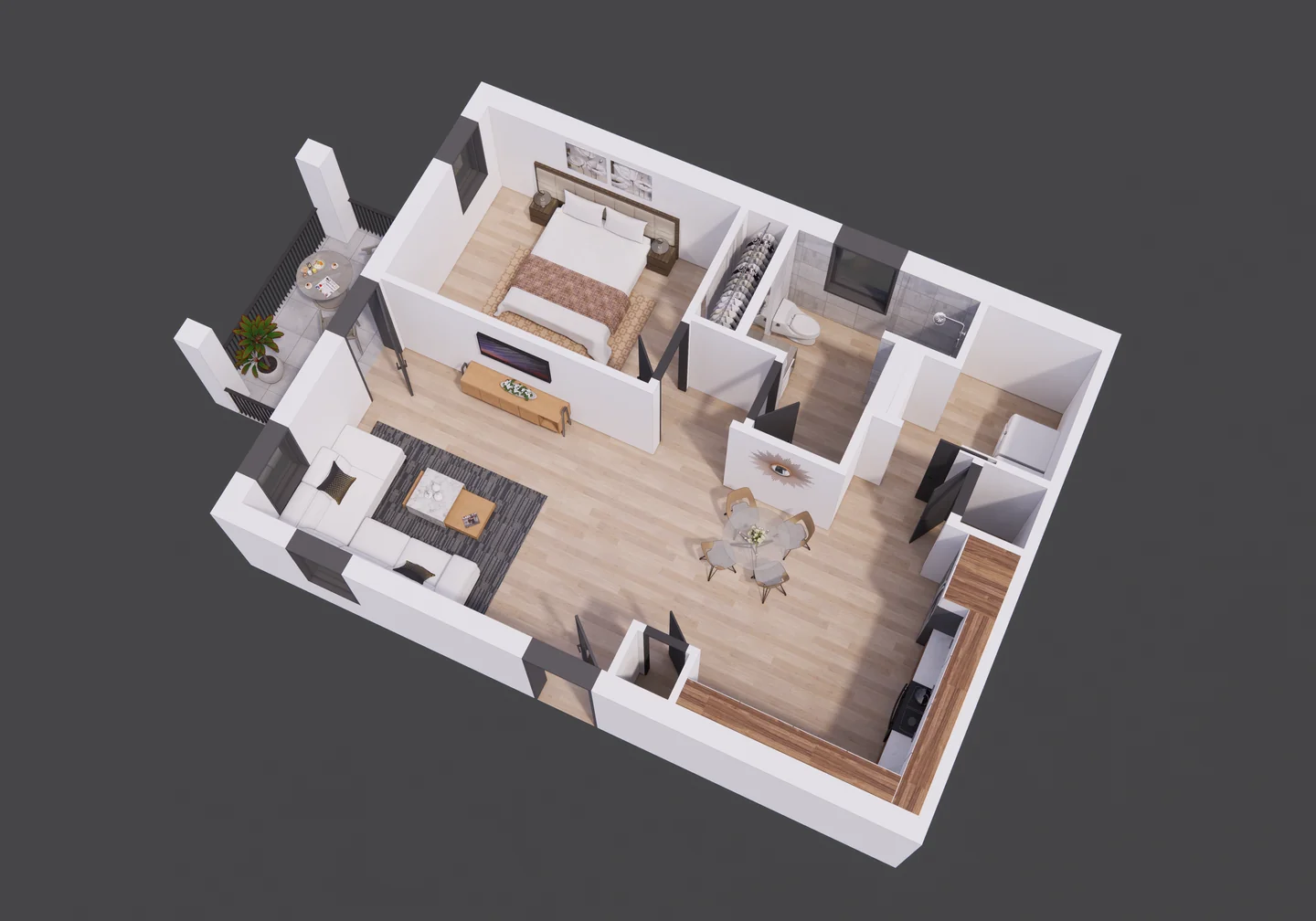 Illustrative one-bedroom layout with open kitchen and living room, one bathroom, laundry, and porch