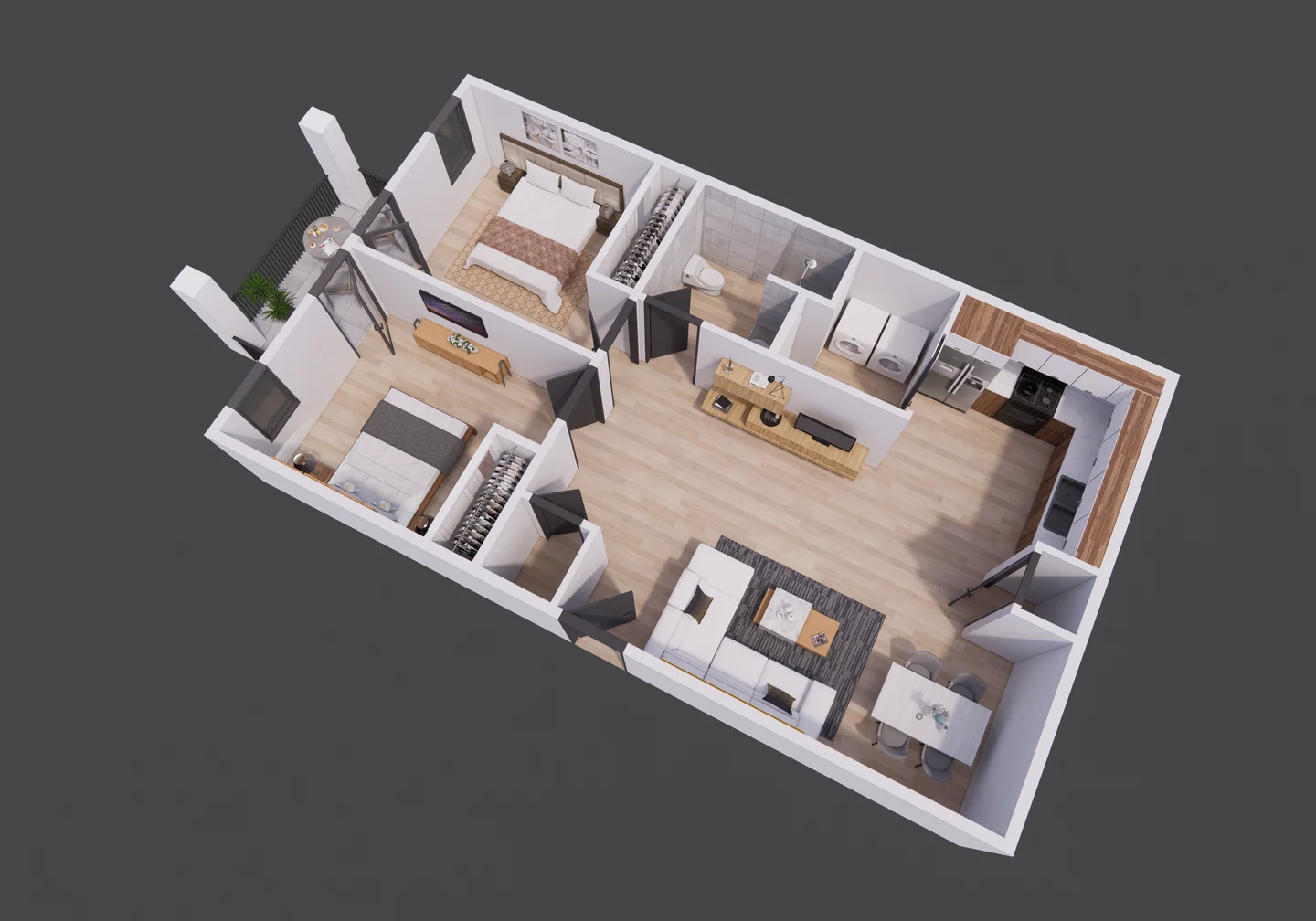 Illustrative two-bedroom layout with open kitchen and living room, one bathroom, laundry, and porch